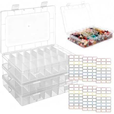 Lot de 3 Boîte de Rangement Plastique avec 24 Compartiments Boîtes de Tri pour Petits Objets Boîtes d'Assortiment Réglable en Plastique avec étiquette Autocollante pour Boucles d'Oreilles (1/5)