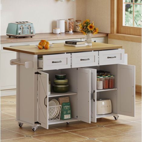 Isola cucina 140x43(70)x90,5 cm in bianco/naturale con piano ribaltabile, 4 ante e 3 cassetti (1/5)