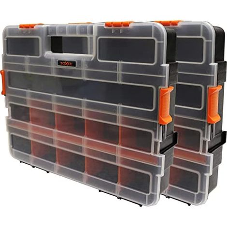 Boîte de rangement avec 15 compartiments – Lot de 2 Coffret de rangement outils en plastique PP avec séparateurs ajustables 37,4x29,4x6,6 cm – Noir/orange/transparent