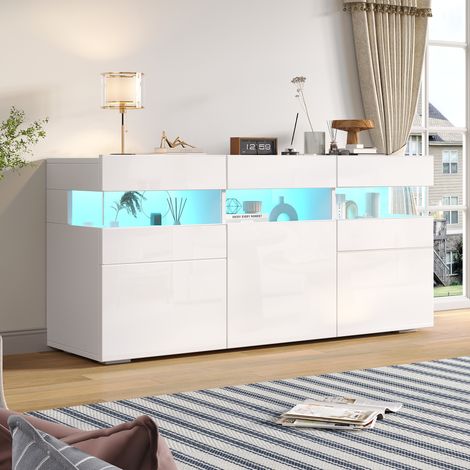 Aparador 140/40,5/66,5 cm blanco con LED, 3 puertas y 7 espacios (1/5)