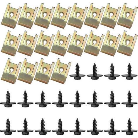 Kit di 40 clip a U e viti, universali in metallo, viti e dadi, clip a U per gabbia per auto, dadi a U, viti per pannelli delle portiere auto (1/4)