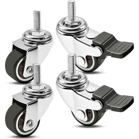 4 Roulettes pour meubles 25mm avec 2 freins, Roulettes Pivotantes pour Meubles Tige Fileté M6x15mm, silencieuses, antidérapantes, pour Chaise Pivotantes 360 degrés, Protéger Le Sol (1/5)