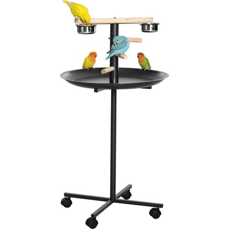 Perchoir Perroquet mangeoire à Oiseaux sur Pied avec 4 roulettes, Barres en Bois, 2 mangeoires en Acier Inoxydable, Plateau Rond à Bords Hauts, Ø 60 x 111 cm, Gris (1/5)