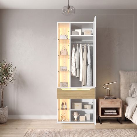 Armario ropero con vitrina de cristal y 2 tiras LED, 75 × 50 × 200 cm, MDF blanco, 1 cajón (1/5)