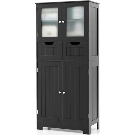 Meuble vitré en verre trempé et MDF 4 portes 2 tiroirs étagères ajustables pour salle de bain noir (1/5)