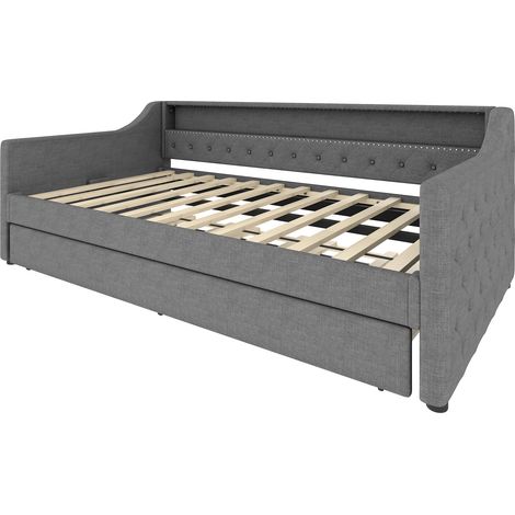 Lit de jour, 90 x 200 cm, canapé-lit, lit de repos avec sommier à lattes (sans matelas), avec éclairage LED, lit avec lit gigogne, prise de charge USB, Lin, Gris