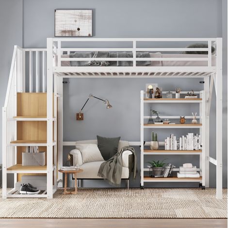 Letto rialzato bambini 90x200 cm con sponda di sicurezza, armadio aperto e ripiano, in metallo bianco, materasso non incluso (1/5)