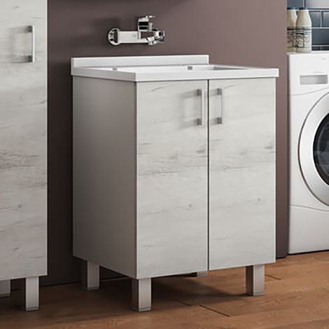 Mobile Lavatoio in legno Quercia Bianco a 2 ante con vasca in metacrilato 60x50 cm (1/3)