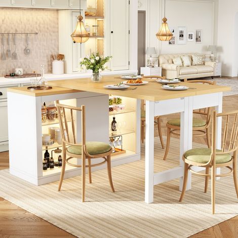 Îlot de cuisine extensible avec table à manger, éclairage LED RGB, rotation à 360°, portes magnétiques et étagères en verre, blanc