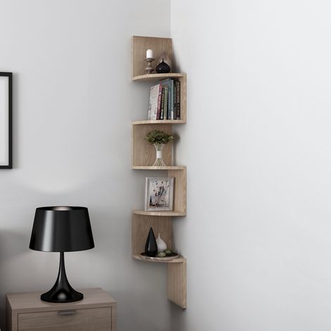 Skecten Etagère Murale Unité, Etagère de Coin Meuble, Etagère Meuble d'Angle Etagère Suspendue Etagère d'Angle Murale ZigZag, Chêne (1/5)