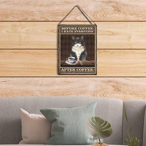 Plaque décorative murale vintage en bois avec motif de chats noirs et café. (1/4)