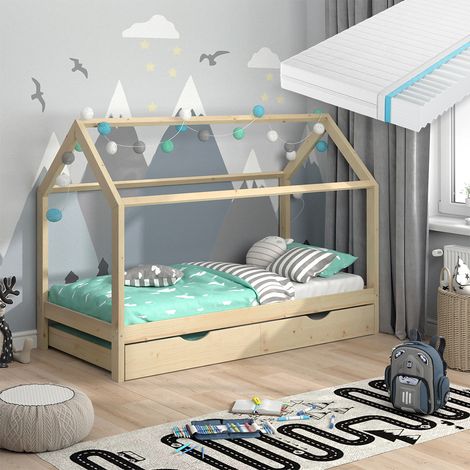 Cama en forma de casa Wiki, Marrón, 90x200 cm con cama de invitados y colchón, Vitalispa