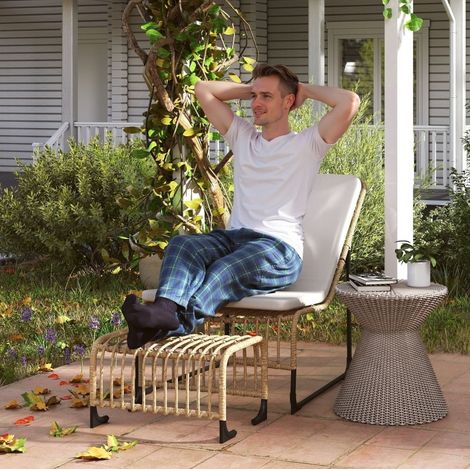 Chaise longue d'extérieur en rotin PE crème avec repose-pieds, coussin fixé, structure acier, 65x93x80 cm (1/5)
