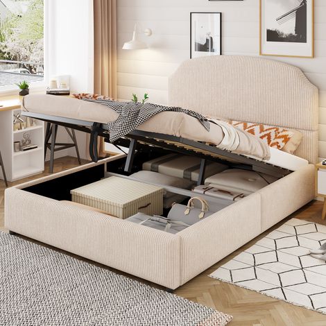 Cama doble tapizada con almacenamiento beige 140x200 OKMYHOME (1/5)