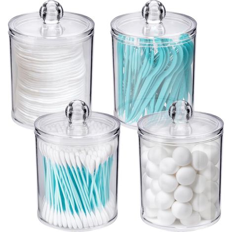 Support Pour Cotons-Tiges - Bocal Transparent En Plastique Clair Avec Couvercle - Organisation Salle De Bain Et Meuble De Toilette - Lot De 4 (1/5)