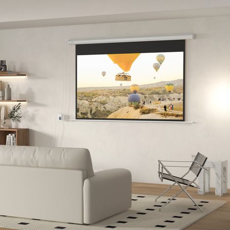 Écran de projection motorisé 84" 16:9 avec télécommande. 215 x 8 x 140 cm. Blanc.