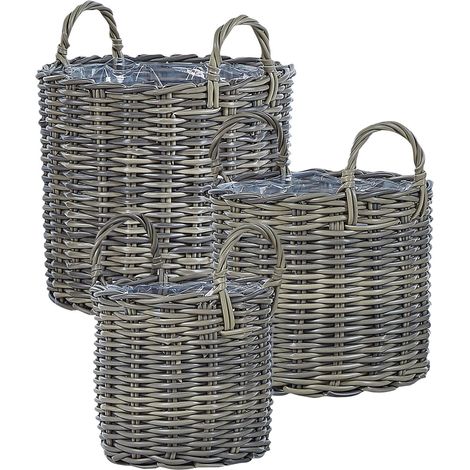 Conjunto de 3 macetas de ratán sintético marrón gris pardo forro Nikiti (1/5)