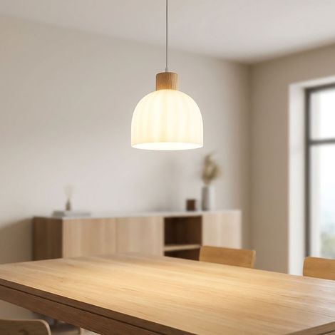 Pendelleuchte höhenverstellbar Deckenleuchte weiß Holz braun Glas opal H 120 cm