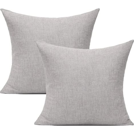 Lot de 2 housses de coussin décoratives gris clair uni pour terrasse, canapé, lit ou fauteuil, 50 x 50 cm, en coton et lin. Motif carré.