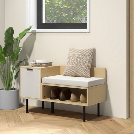 Scarpiera da ingresso con cuscino, anta e ripiano, contenitore per scarpe con seduta per soggiorno, corridoio, 80x35x47 cm, naturale (1/5)
