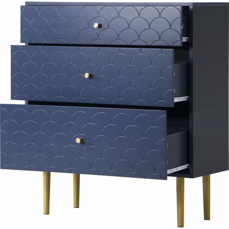 Kommode mit 3 Schubladen und 20 cm Metallbeinen, Fischschuppen-Front, Eleganter Stil, aus Holz, 75×40×89 cm, Marineblau (1/5)