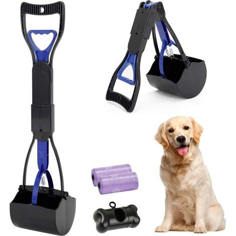 Hundekotschaufel, 60 cm Hundekotschaufel mit langem, stabilem Griff, gezahntem Clip, faltbarer Reinigungsaufnehmer für Hunde und Katzen, Haustierabfälle (Blau) (1/5)