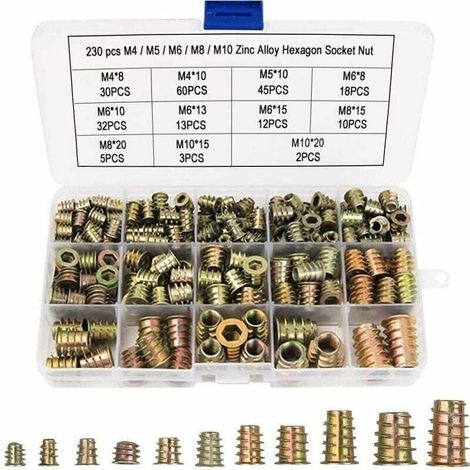 230 pieces M4 M5 M6 M8 M10 fitted with fillet inserts, fitted in zinc strips with fillet inserts, for furniture in legs, with plastic scatola (1/4)