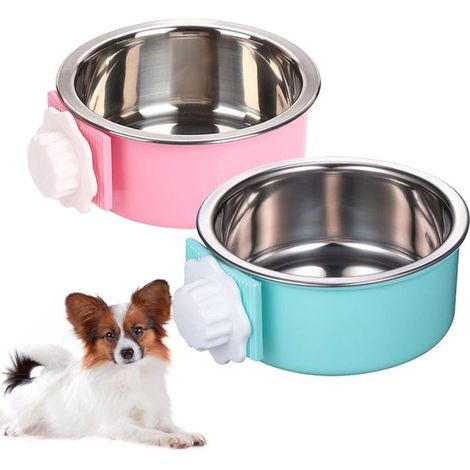 Ensemble de 2 gamelles suspendues pour animaux - Acier inoxydable - Amovibles - Pour chiens, chats, oiseaux et rongeurs - Bleu et rose (1/5)