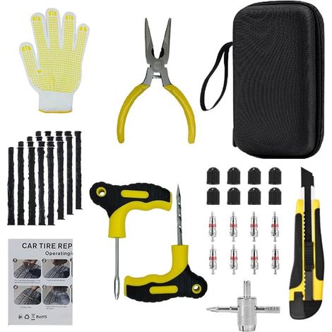 Kit de réparation de pneus portable avec boîte de rangement Avec mèches de réparation, outils pour valve et bouchons de valve, pour voitures, motos, camions et SUV. (1/5)