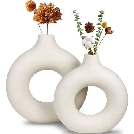 Matte, weiße Keramikvase – Hohl, rund – Maße: 9 x 8 Zoll und 7,4 x 7 Zoll – Für Trockenblumen und Gestecke