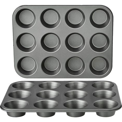 Set di 2 stampi rotondi antiaderenti in acciaio al carbonio per muffin, colore grigio. (1/4)