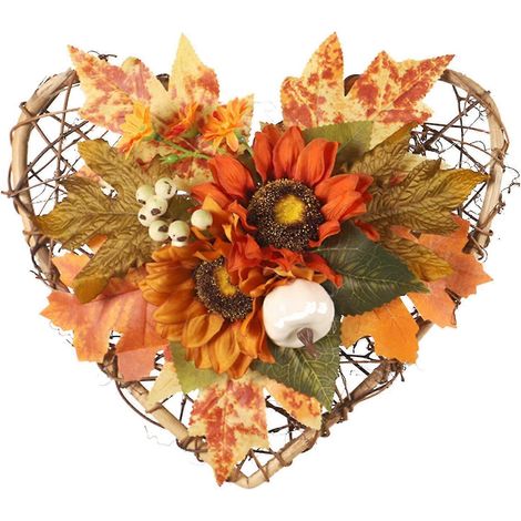 Couronne d'automne décorative en rotin, citrouille artificielle à suspendre à la porte, 28 x 26 cm, idéale pour la décoration. (1/5)