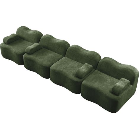 Canapé modulaire sans armature 4 places, forme ondulée, mousse haute densité 32D, assise profonde, coussin d'accoudoir mobile, idéal pour le salon, vert (1/5)
