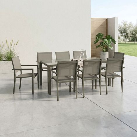 Table de jardin aluminium + 8 assises - Capua 180cm - kaki - 8 places - 1 grande table rectangulaire. 8 fauteuils empilables