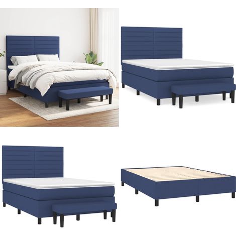 Sommier à lattes de lit avec matelas Bleu 140x200 cm Tissu - Lit Double - Lit Plateforme - Matelas Ressorts Ensachés - Têtière Ajustable - Banc Rangement - Home & Living (1/5)