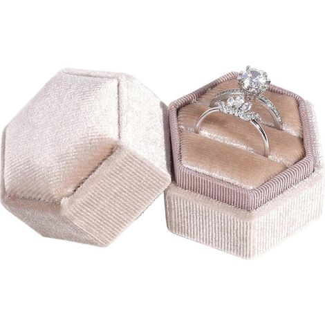 Boîte à bague en velours (1 pièce), boîte à bague hexagonale à double compartiment, boîte à bague de fiançailles en velours, pour une demande en mariage. (1/5)