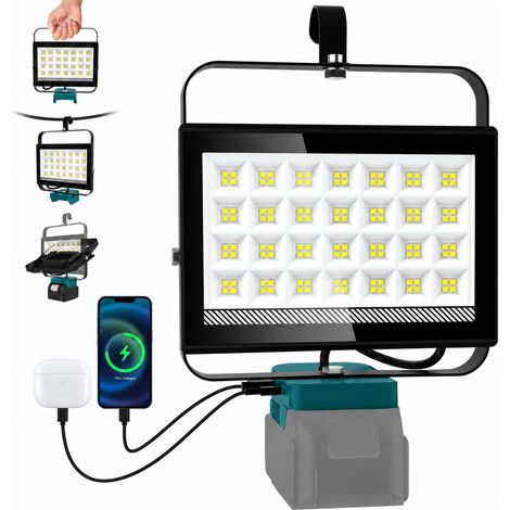 Projecteur LED Compatible avec 18V, 100W 6500LM Lampe de Chantier, 2 Modes 6000K Phare avec Type C et USB pour Chantier, Garage, Camping, Pêche, Sans Batterie (1/5)