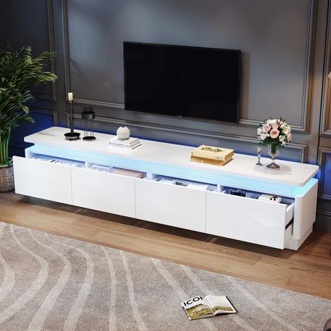 Meuble TV blanc 180x34x40cm, buffet avec 4 tiroirs et LED intégrée, table basse laquée brillant pour écrans jusqu'à 80 pouces, support TV design