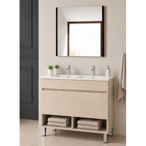 Badmöbel mit Füßen mit Waschbecken extra flach ORIGENBATH NEBARI ohne Spiegel 120x45 cm Doppelwaschbecken Estepa (1/3)