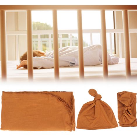 Serviette d'emmaillotage pour nouveau-né, sac de couchage anti-effroi pour séance photo avec bonnet et bandeau (kaki-marron) (1/5)