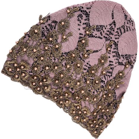 Turban rétractable rétro pour femme, chapeau brodé à perles, voile musulman élégant, violet clair (1/5)