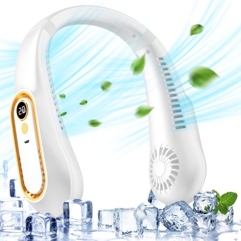 1 Ventilateur de cou, rechargeable USB, 5 vitesses, écran LED, sans pales, TPE, 2000 mAh, sport, extérieur (1/5)