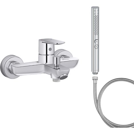 Mitigeur baignoire JACOB DELAFON July+ + pommeau de douche Shift+ rond + flexible de douche métal (1/5)
