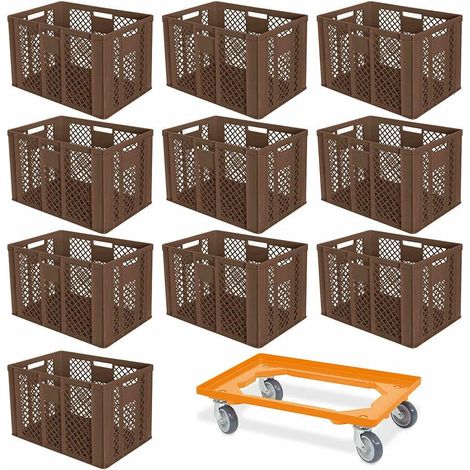 BRB 10er Spar-Set Euro-Stapelbehälter Plus Transportroller, 600x400x410 mm Industriequalität lebensmittelecht braun