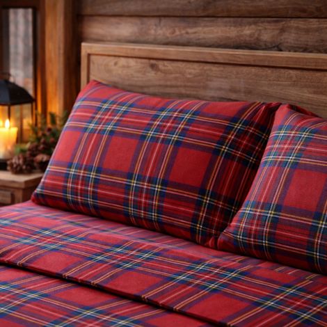 Ensemble de draps écossais rouges - Parure de lit d'hiver 100 % coton naturel - chaud, respirant, fabriqué en Italie 2 PLACES