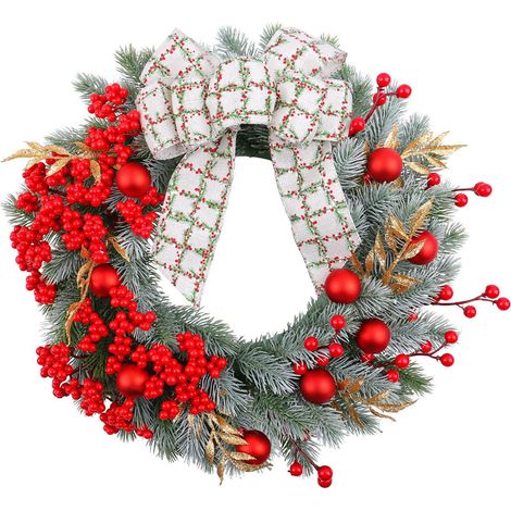 Weihnachtskranz, verziert mit einer Schleife aus roten Beeren, kreative Dekoration für Schaufenster und Türen. (1/2)