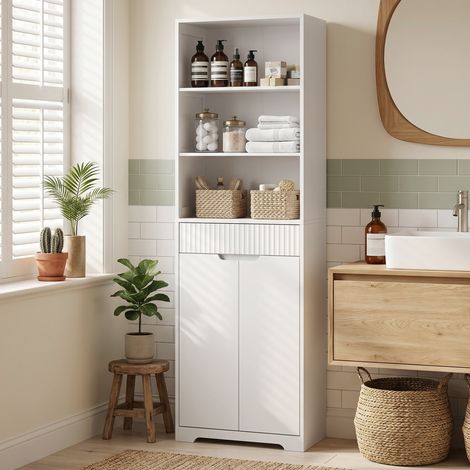 Meuble vasque salle de bain blanc, armoire haute 2 portes amorties, tiroir, 3 niches ouvertes, étagères modulables, rangement malin. (1/5)