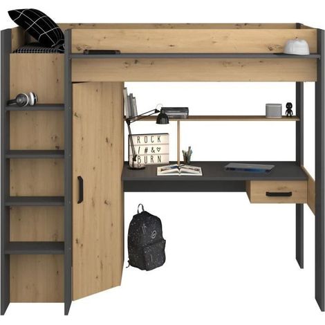 Les Tendances – Lit combiné mezzanine enfant – Chêne et gris – Sommier inclus – 90 x 200 cm – Armoire avec 2 étagères et bureau