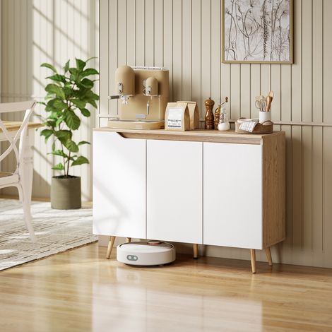 Modernes Sideboard mit 3 Türen, 3 verstellbaren Einlegeböden und 5 Holzbeinen, 107 x 35 x 76,5 cm, Weiß und Eiche