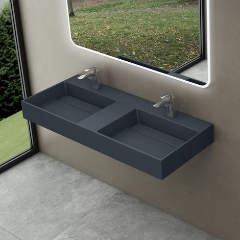 doporro Lavabo doppio Sospeso Lavabo da Appoggio Rettangolare in Marmo Resina Antracite Opaco, Vasca Doppia 120x48x13 cm con 2 Fori Rubinetto e Piletta Scarico, Colossum12